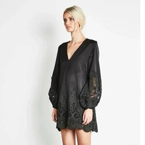 Elliatt Revolve Aurora Black Crochet Hem and Sleeve Mini Short Dress Women's XS